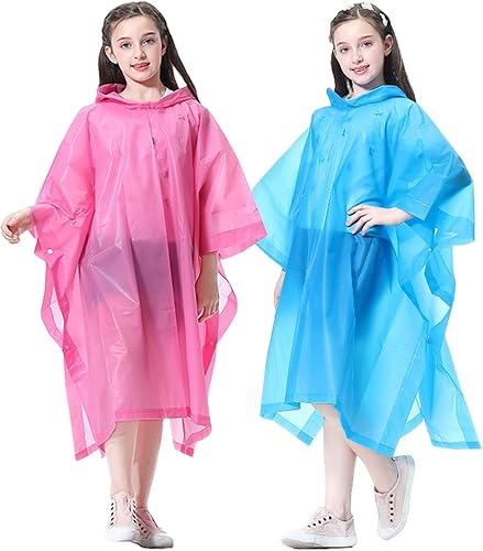 Poncho de lluvia para jóvenes y niños grandes, paquete de 2 unidades, de EVA, reutilizable, impermeable, impermeable, para niños, niñas,