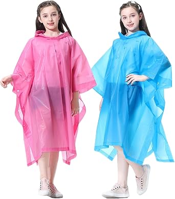Rain Poncho Raincoats for Kids Reusable - 2 Pack EVA Waterproof Rain Coat with Hood Rain Jacket for Boys Girls