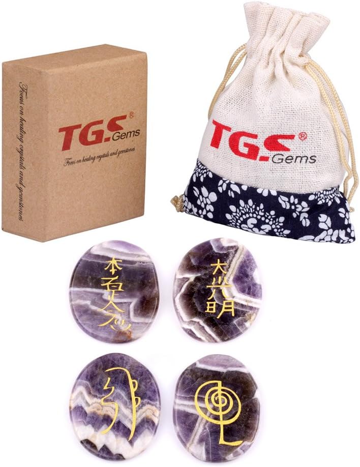TGS Gemsยฎ Healing Crystals - 4pcs Engraved Chakra Amethyst Stone Palm Stone Crystal Reiki Symbols