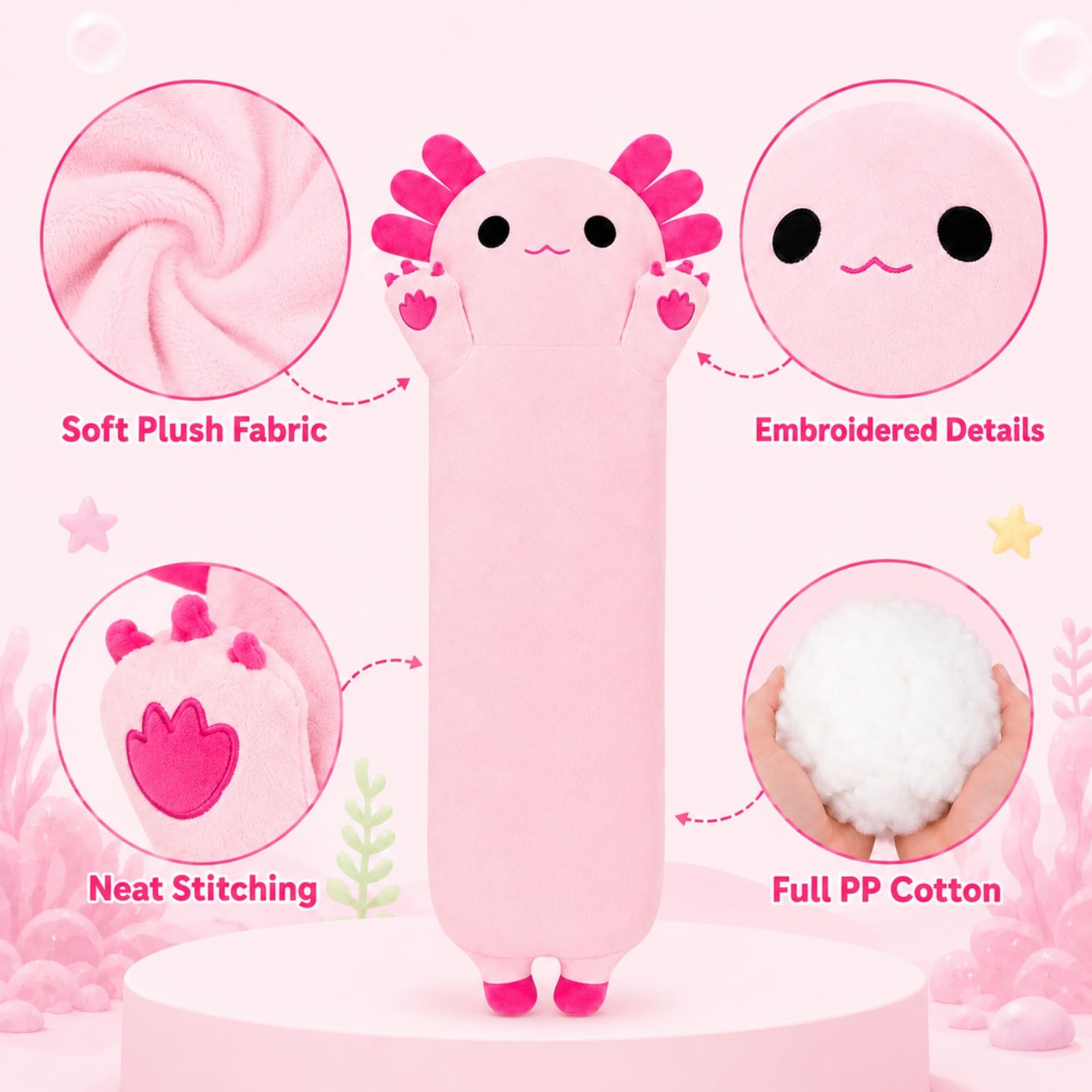 SNOWOLF Gefüllte Axolotl Lange Kissen Plüsch Tier Spielzeug Weiche Kawaii Stuff Kuscheltier Spielzeug Entzückende Umarmung Kissen für Kinder (90cm, rosa)