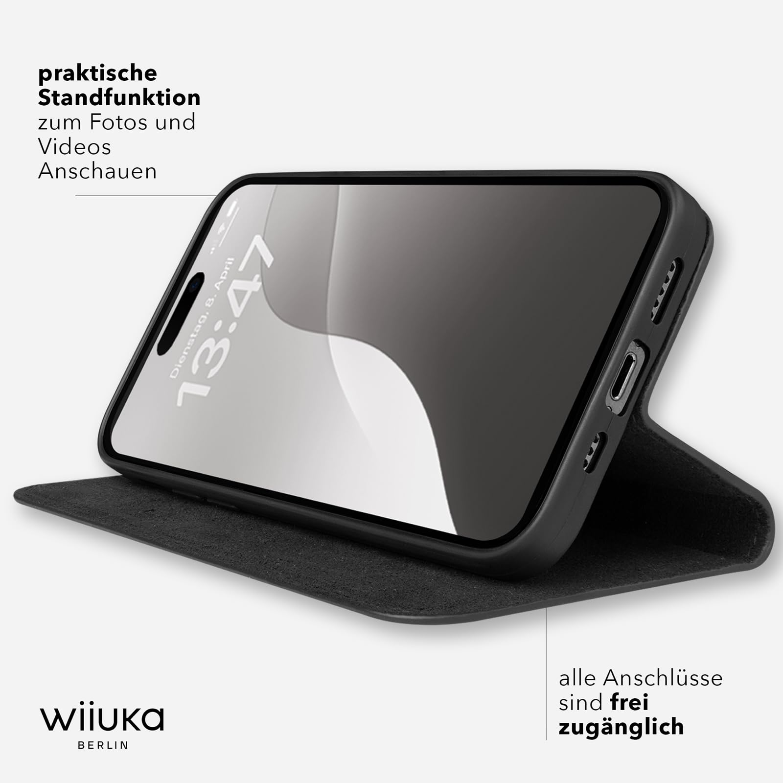 WIIUKA Hülle für iPhone 17, Leder aus Deutschland, mit Kartenfach, extra Dünn, Handyhülle mit Standfunktion, Tasche, Klapphülle, suiit, Schwarz
