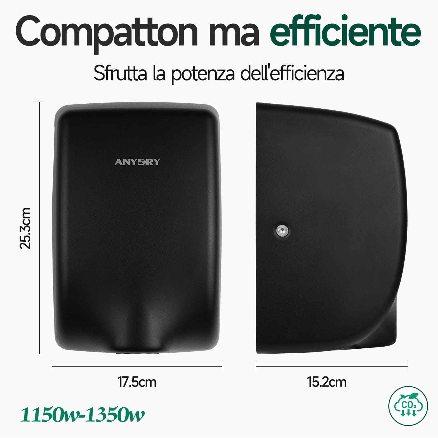 anydry Asciugamani 2803Y Mini, Flusso d'Aria ad Alta velocità 1350W, Finitura in Acciaio Inox Opaco, Compatto per Uso Domestico e Commerciale. (Opaco Nero)