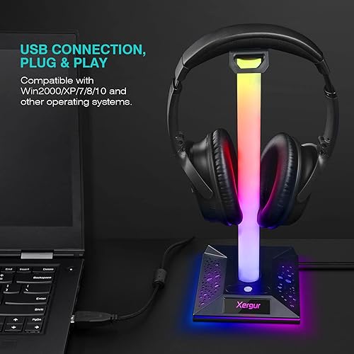 Miniatura 7 de XERGUR Soporte para auriculares RGB para videojuegos, soporte para auriculares con AUX de 0.138in y 2 puertos USB, base para colgar auriculares para