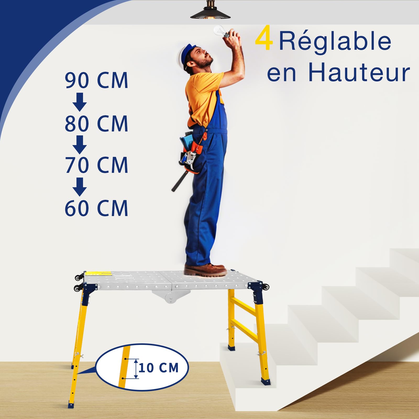 VKE Plateforme de Travail 120 × 36 × 90 CM en Tôle Galvanisée, 500 KG Capacité de Charge, Échafaudage Portable, Table de Soudure Pliant avec 4 roulettes Universelles, Réglable en Hauteur