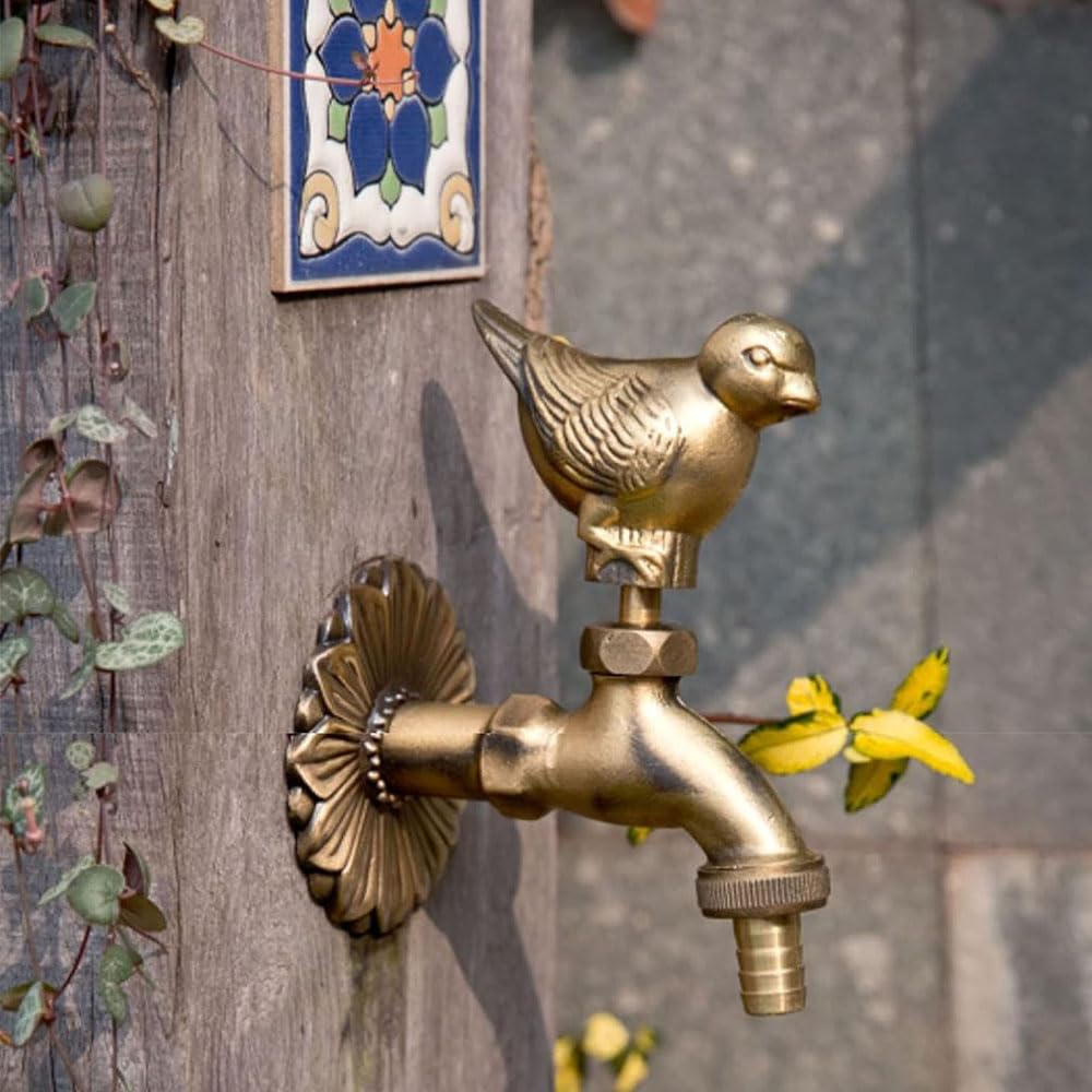 Grifo de latón vintage para jardín, diseño de gorrión de jardín, para manguera de exterior, grifo de agua fría para manguera de jardín