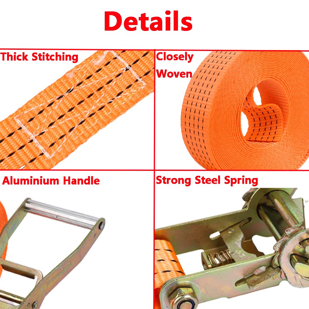 Cinghie a cricchetto con doppio gancio, cinghie di tensionamento regolabili per carichi pesanti, ispessimento arancione, 5 cm x 10 m, fissaggio con fibbia per camion, carico, moto, rimorchi,