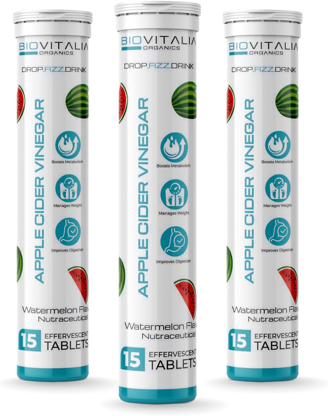 Biovitalia Apple Cider Vinegar Effervescent Tablet (Pack of 3) for Men & Women | Watermelon Flavored | Promote Metabolism, Gut Health & Supports Digestion | Supports Immunity – 15 Tablets Each