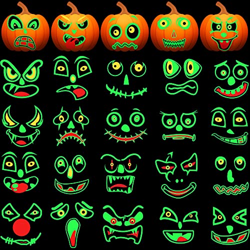25 Pieces Pumpkin Face Glowing Stickers Kits Halloween Glow in