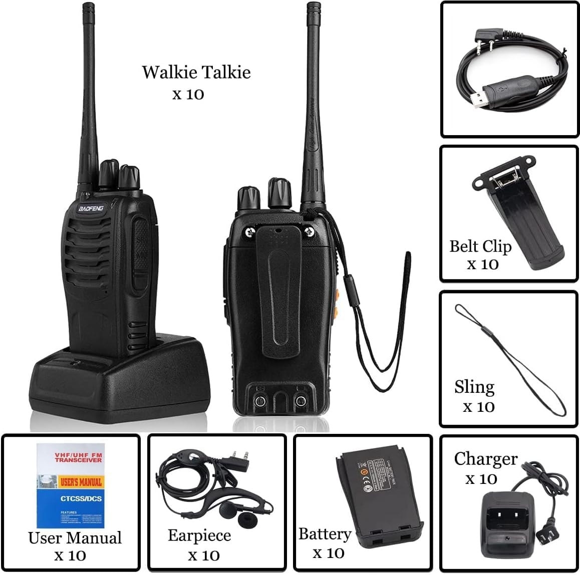 All included items for BAOFENG BF-888S radio, including radio unit, antenna, battery, charger, earpiece, belt clip, wrist strap, user manual, and programming cable.