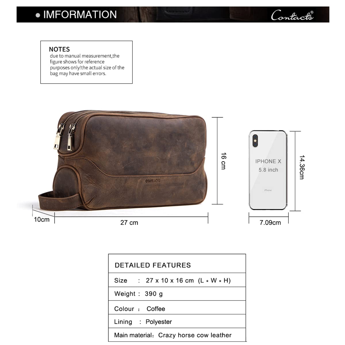 Contactos Hombre Bolsa de Aseo de Negocios de Viaje de Cuero de Vaca con Gran Capacidad Doble Cremallera, 5#café, Taille Unique, Bolsa de Aseo