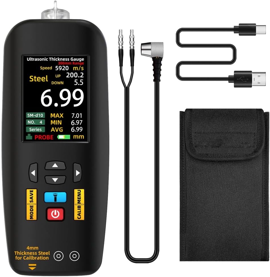 Ultrasonic Thickness Gauge, 1-300 mm Range with Color Display, with Probe for Measuring Metal Steel Silver Plastic PVC