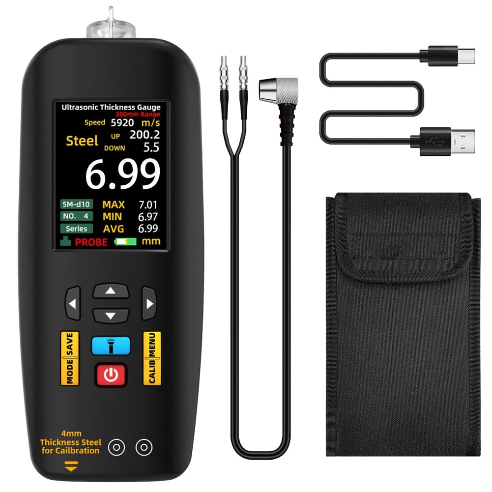 Ultraschalldickenmesser, Messbereich 1 bis 300 mm mit Farbdisplay, mit Sonde zur Messung von Metall, Stahl, Silber, Kunststoff, PVC