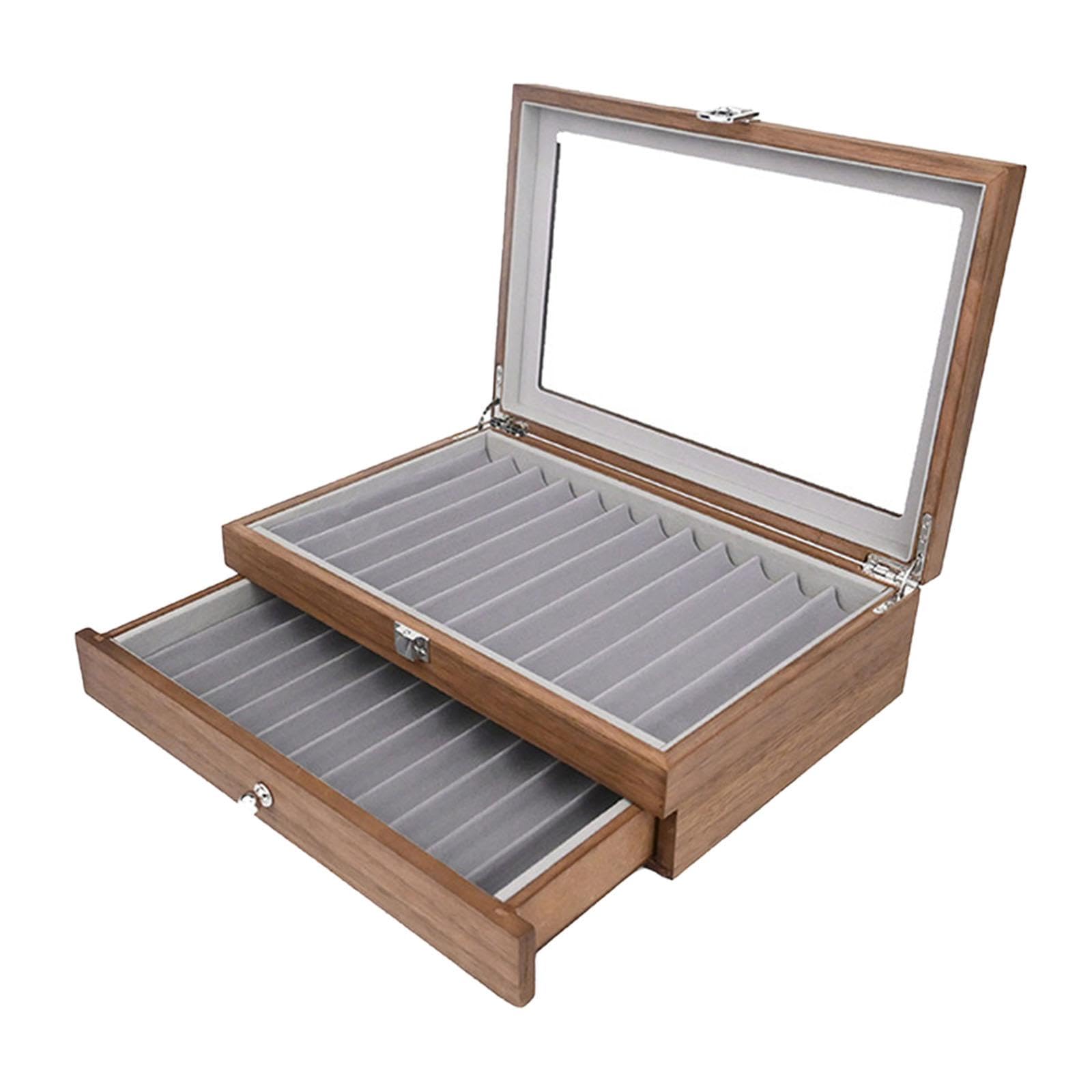 Stiftebox Aus Holz mit Glasdeckel, Aufbewahrungsbox für Füllfederhalter, Füllfederhalter Etui mit 23 Fächern – Ideales Geburtstagsgeschenk