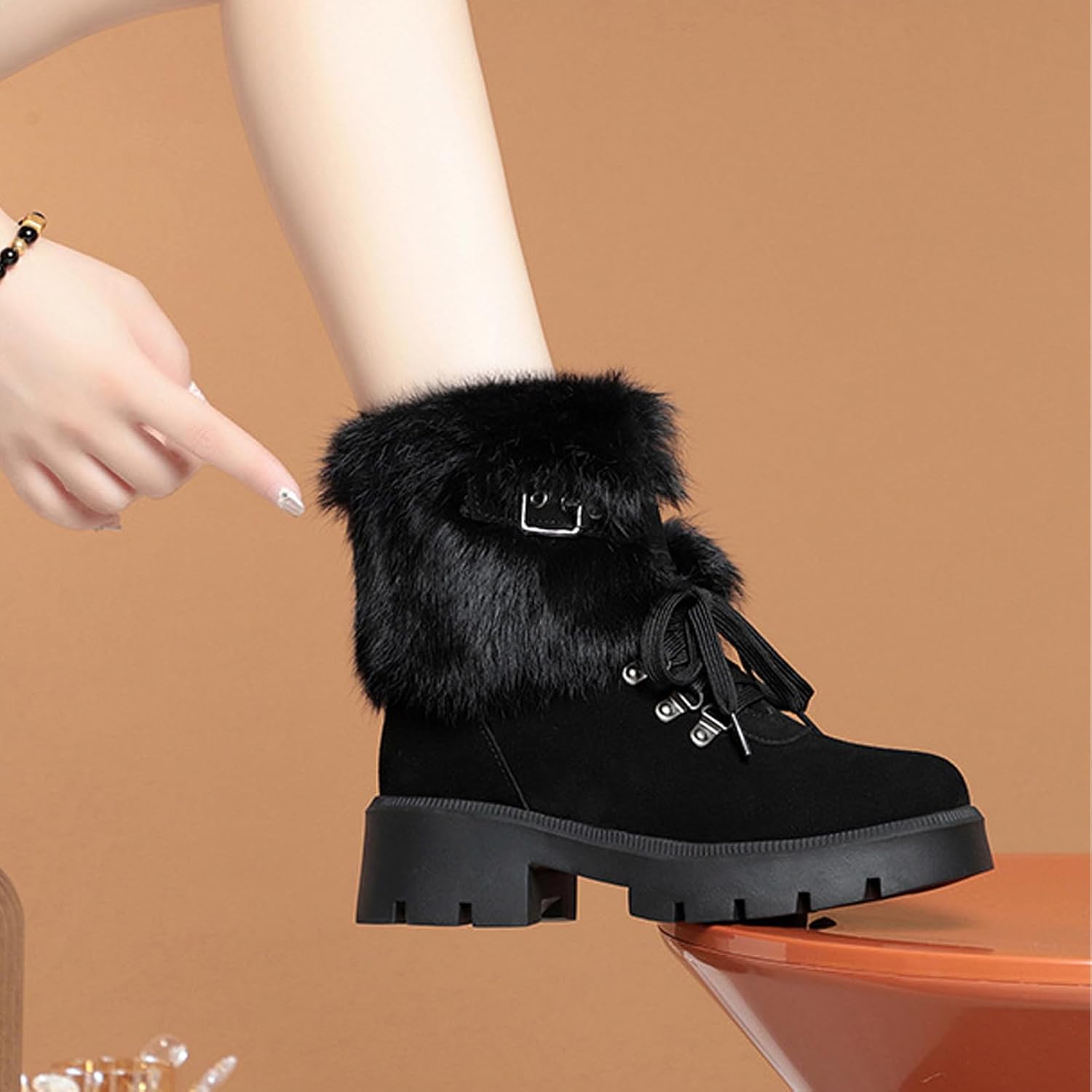 Women's Suede Side Zipper Platform Chunky Heel Snow Boots Round Toe Warm Fur Lined Lug Sole Lace up Winter Booties Outdoor Ski Hiking Ankle Boots