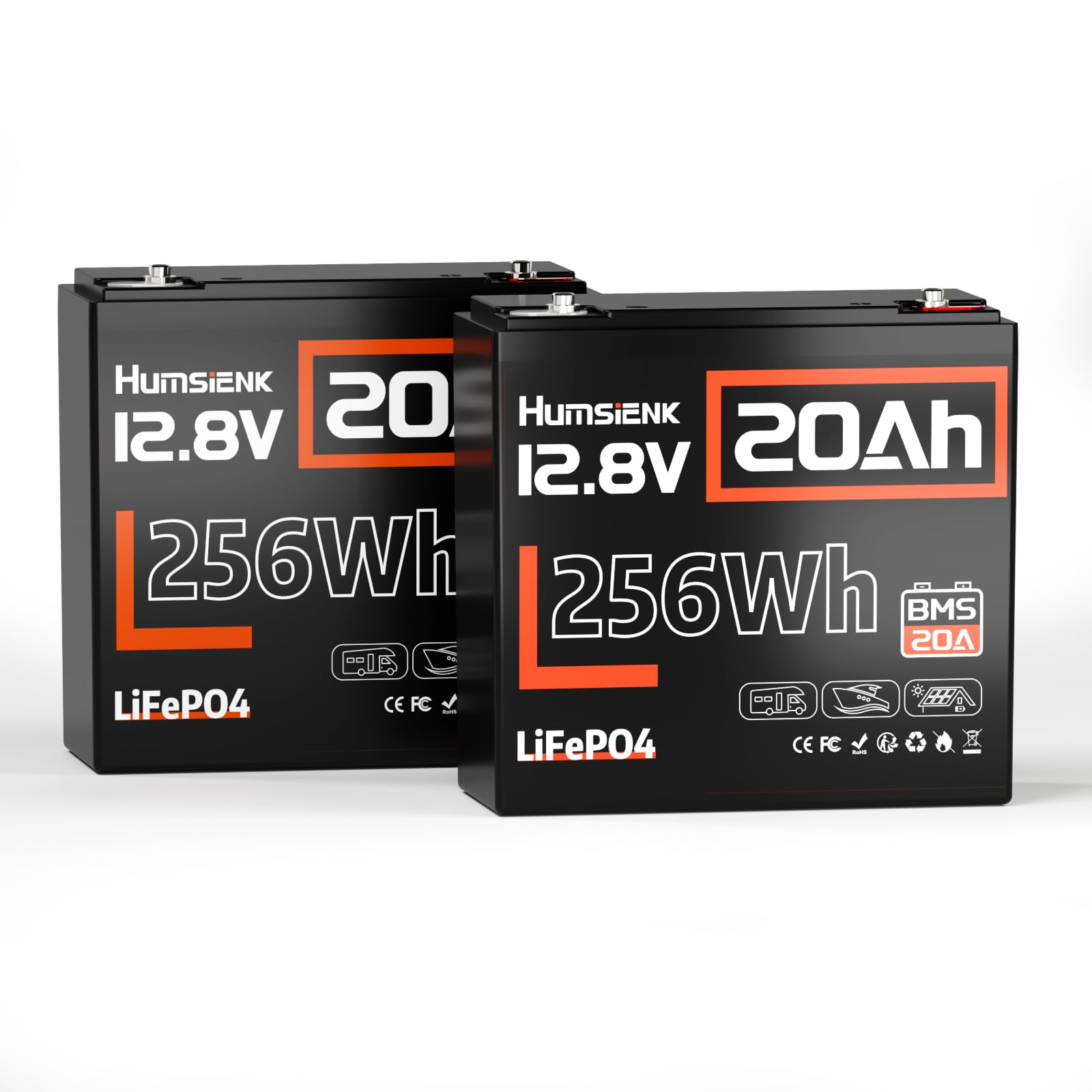 HumsiENK 2 Packs Batteria LiFePO4 12V 20Ah, 6000+ Cicli, BMS 20A Integrato, 2,6kg l'una, Collegamento in Parallelo per 40Ah o in Serie per 24V, Ideale per Camper, Barche, Solare e Backup Domestico