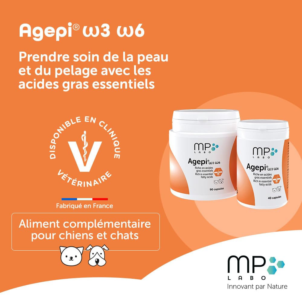 MP Labo Agepi® Omega 3 Omega 6 - 90 Capsules pour Chien et Chat - Riche en Acides Gras Essentiels et Vitamines A et E