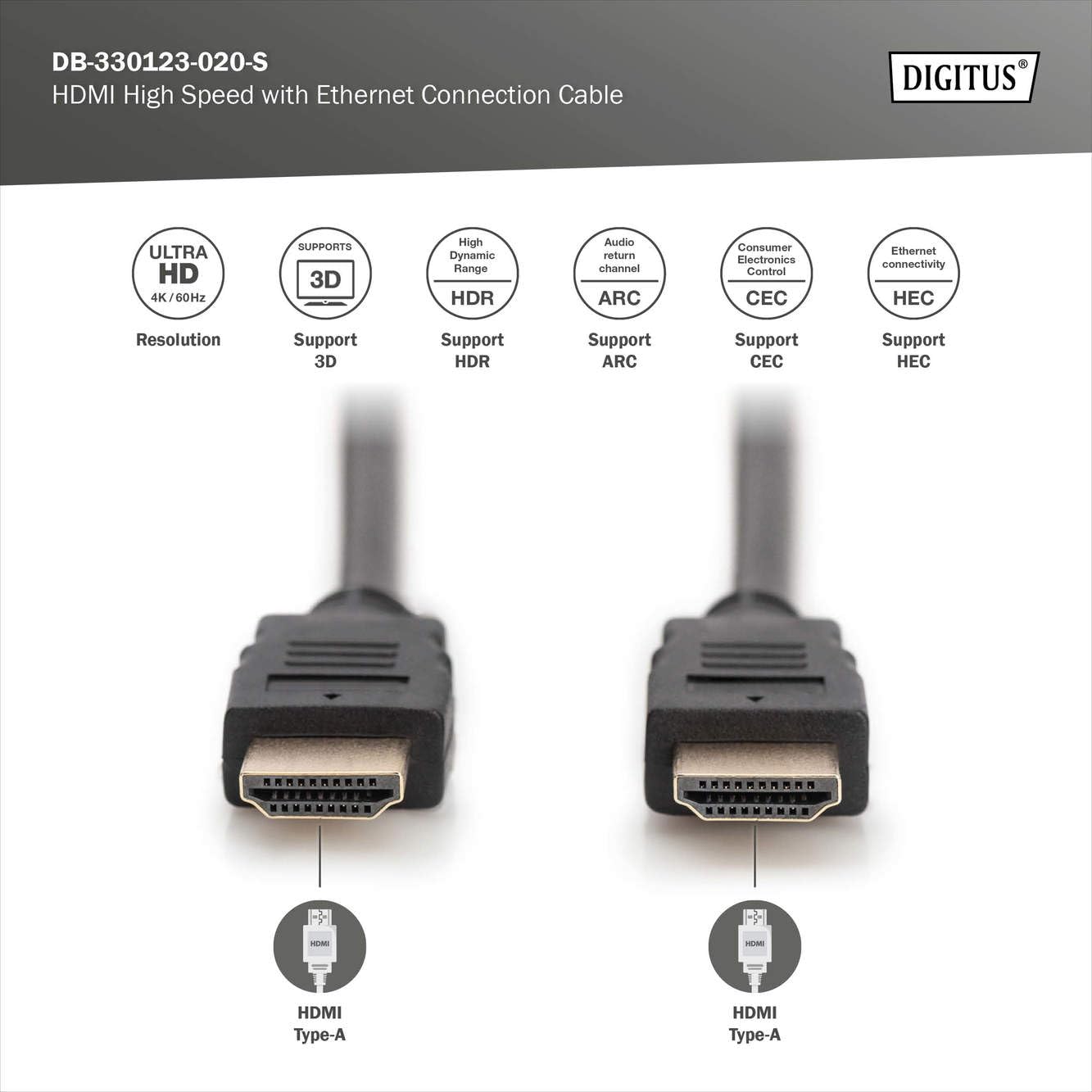 Digitus HDMI Premium High Speed Connection Cable Type A Male/Male 2.0 m m/Ethernet Ultra HD 60p Gold Black