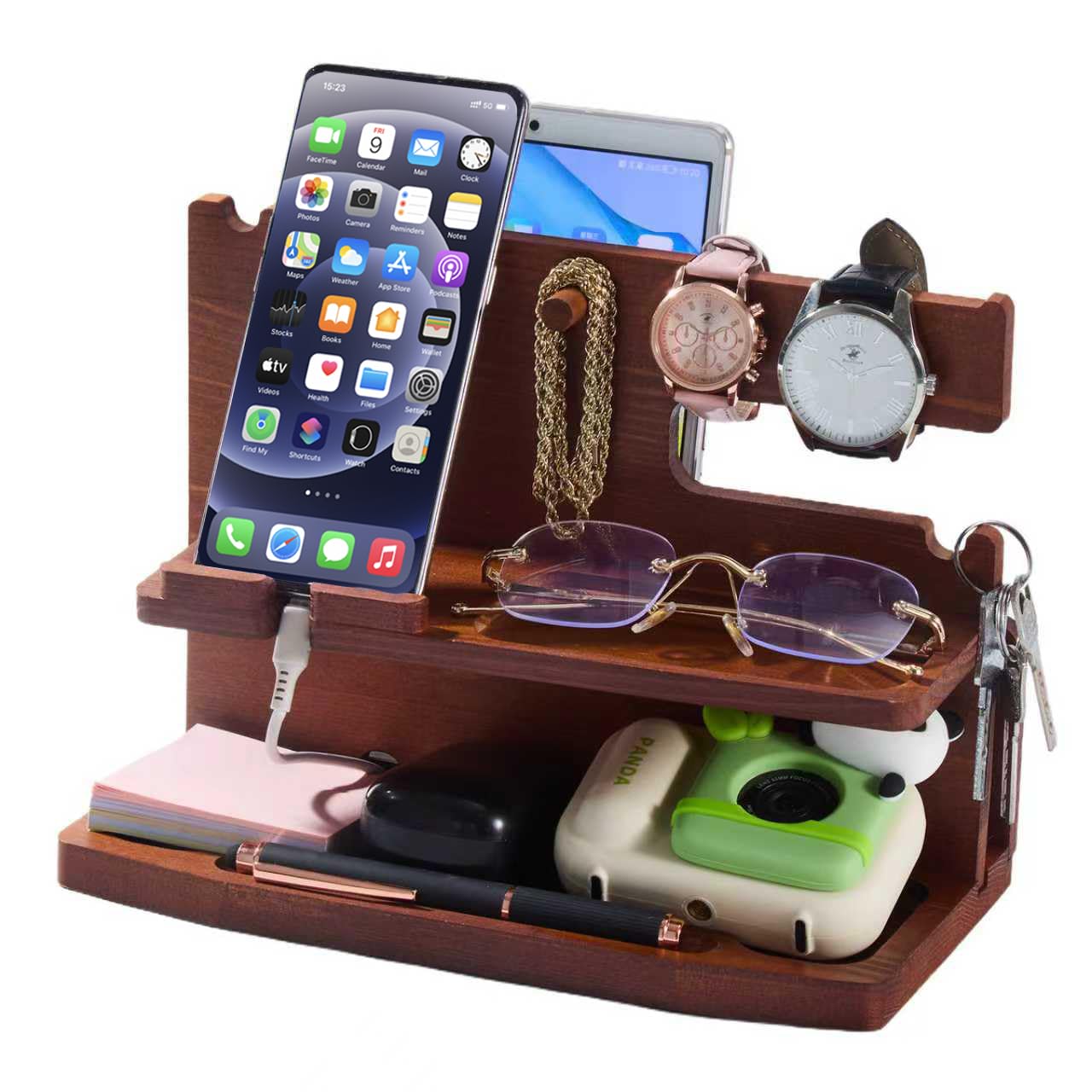 ELEVAT Gifts for Men Christmas Wood Phone Docking Station Desk Organizer Fathers Gifts Anniversary Birthday Gifts for him Xmas Presents for husband Nightstand Key Wallet Stand for Men, Boyfriend, Dad