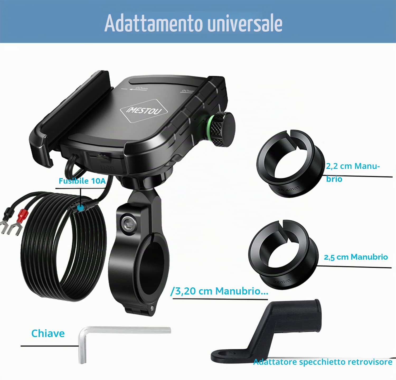 iMESTOU Caricabatterie per Telefoni USB da Moto 3.0A, Manubrio/Supporto per Cellulare Nello Specchietto Retrovisore in Alluminio per Smartphone da 4.0-6.8 Pollici, Funziona con Moto da 12V/24V