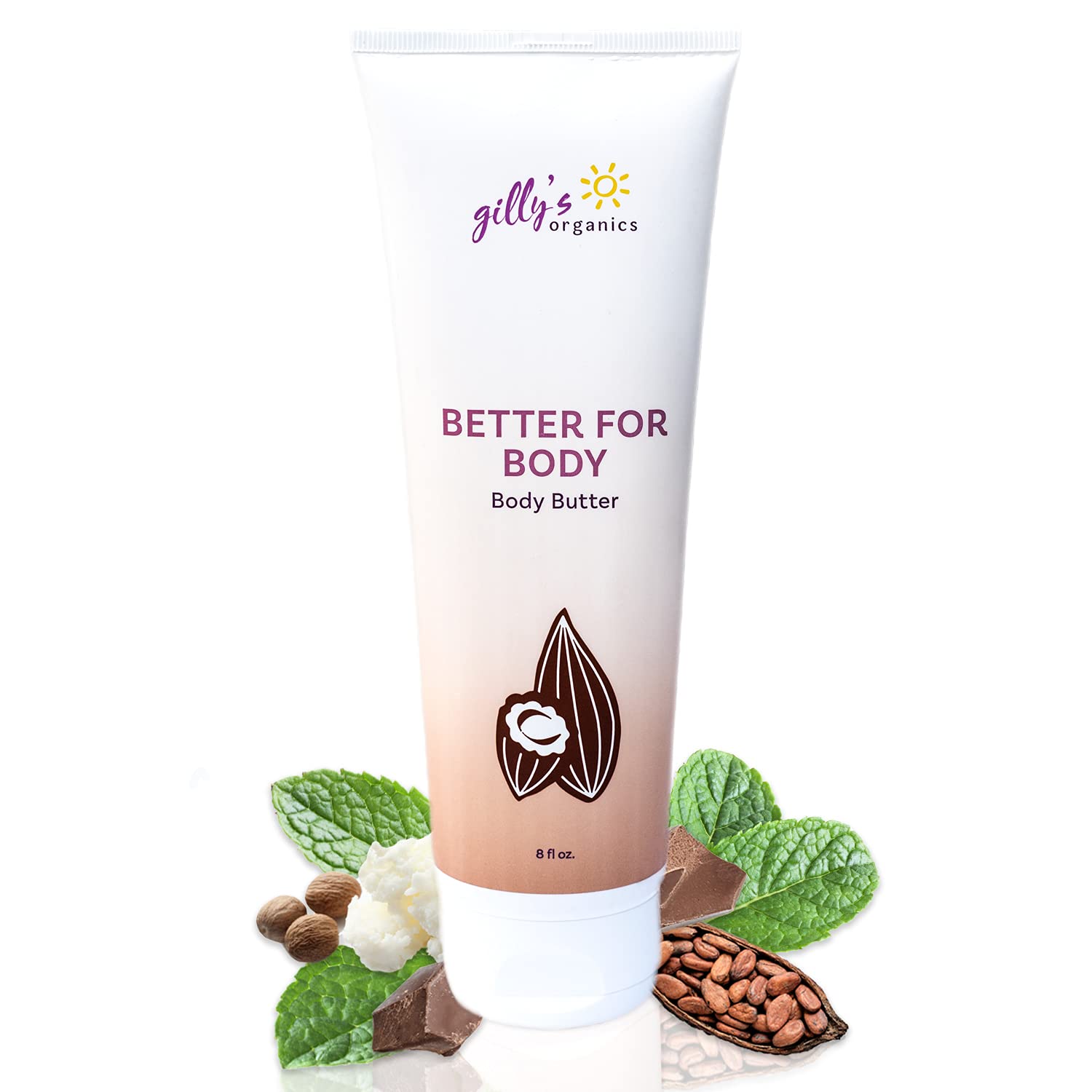 Gilly's Organics Made in USA Chocolate Mint Body Butter - Organic Moisturizing Cream with Shea, Cocoa Butter, Vitamin E & Arnica – Nourishing Lotion for Dry Skin, Delicious Choco Mint Scent, 8 fl oz