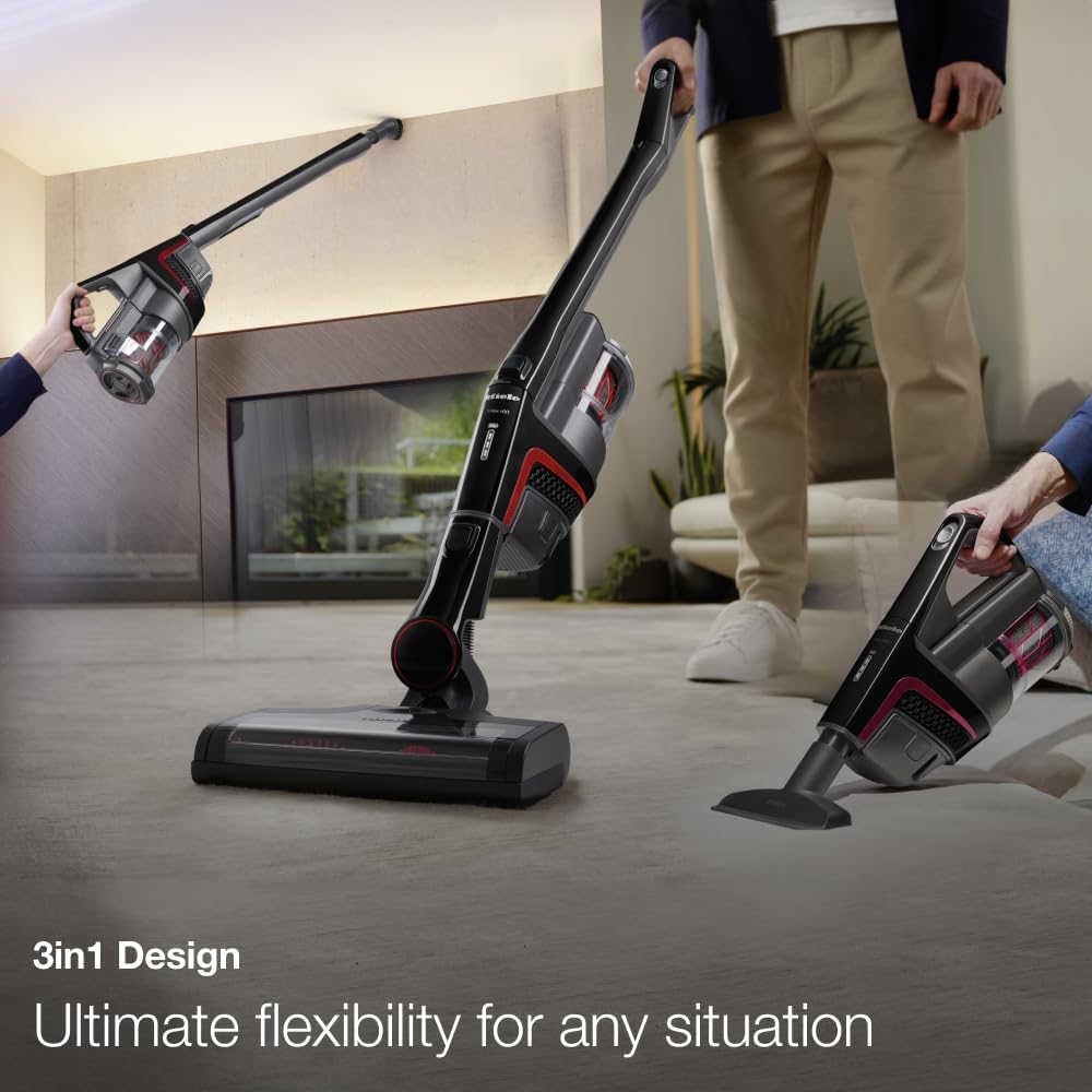 A person demonstrating the 3-in-1 design of the Miele Triflex HX1, showing it in upright, stick, and handheld configurations.