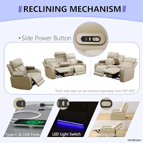 Miniatura 4 de Juego de sofá reclinable eléctrico, juego de sofá y silla reclinable de cuero, juegos de muebles de sala de estar, muebles de lujo de 3 piezas con