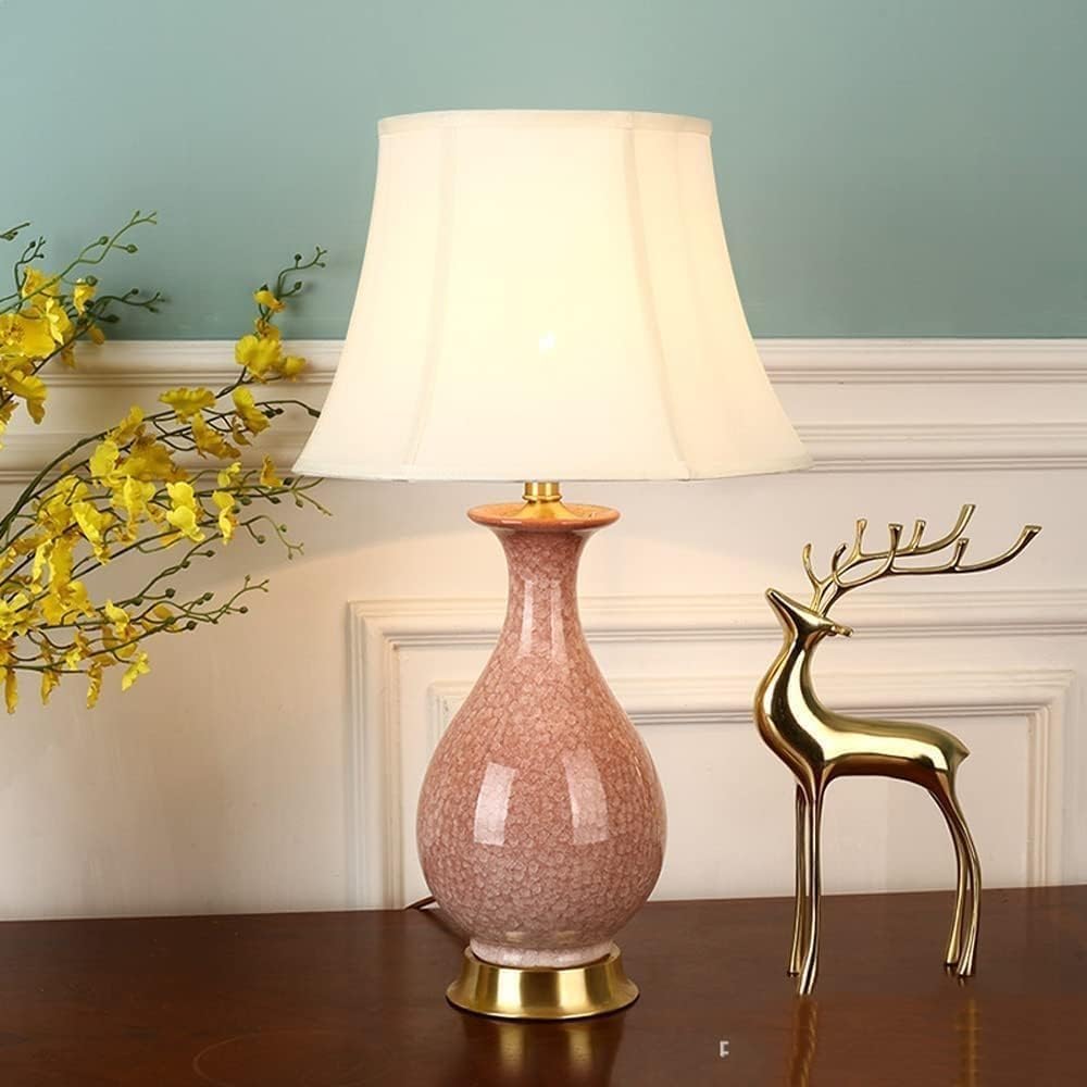 DFAEEKIYO Minimalist Modern Chinese Large Ceramic Table Lamp Body Bedroom Bedside Porcelain Desk Fabric Lampshade Home Office(Pink)