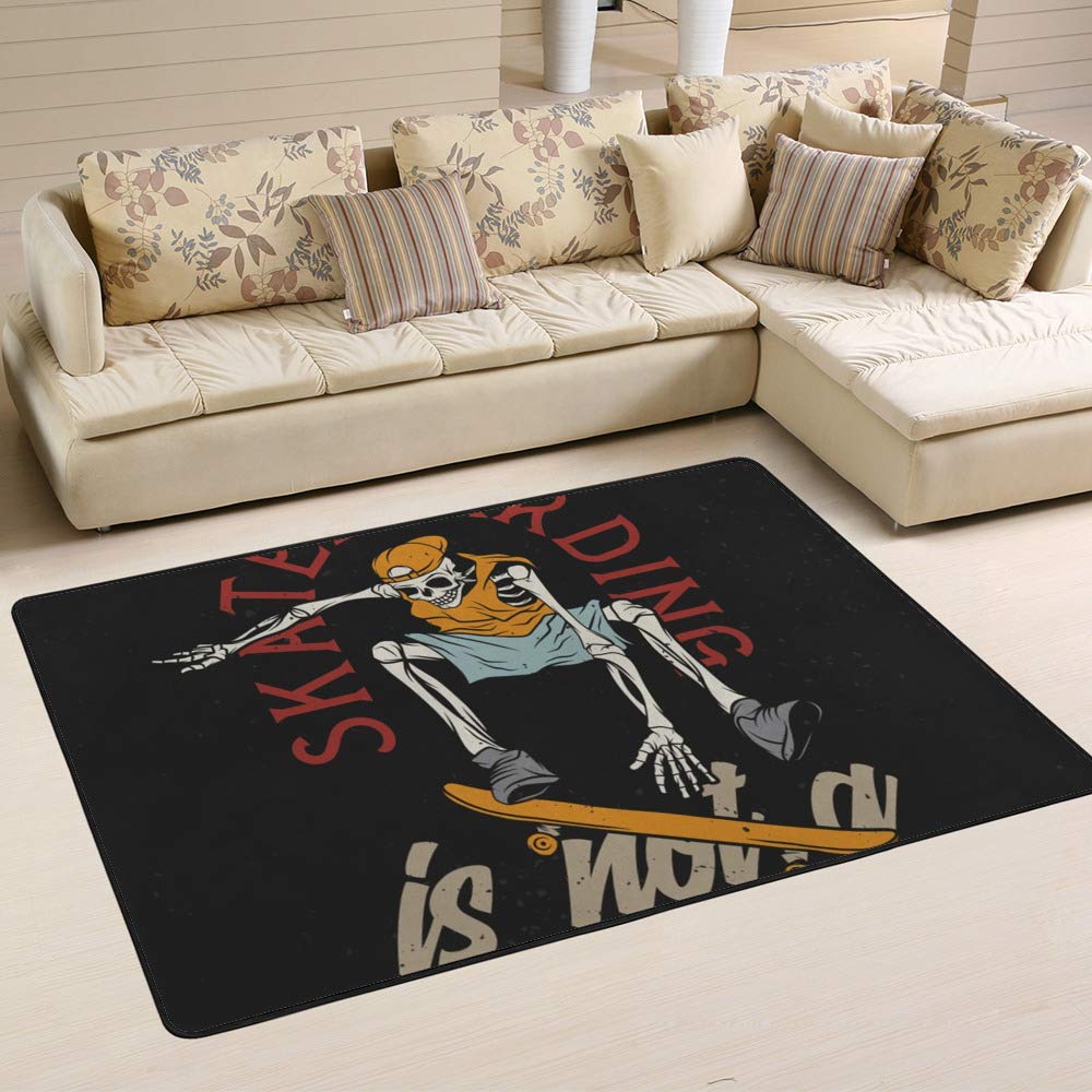 Grand tapis de sol noir salon tapis home squelette skateboard 80x58