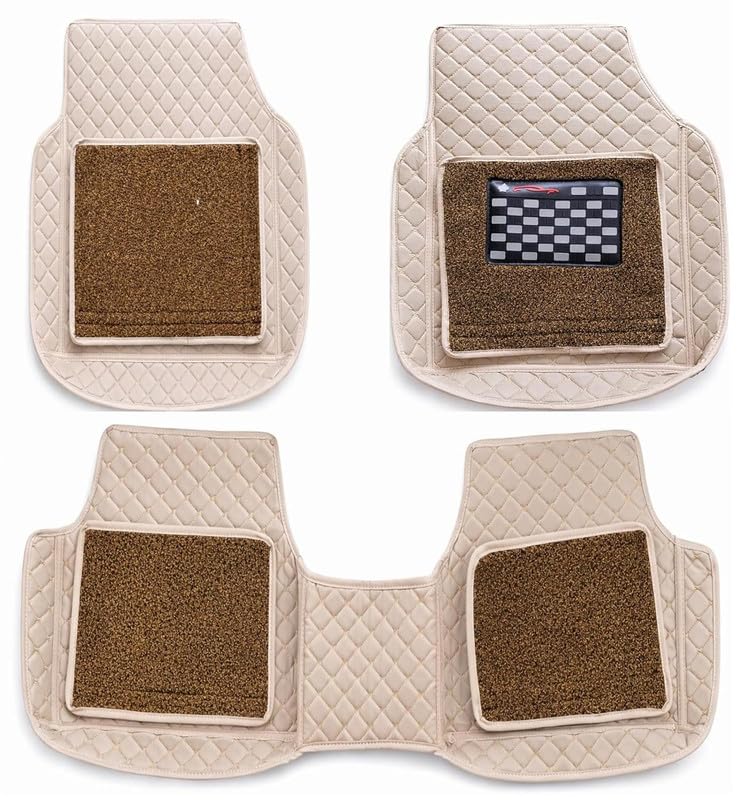 Image of Universal Car 7D Floor Mats for 5-Seater Cars | Premium PU Leatherette Car Foot Mats | Anti-Skid, Waterproof, Easy to Clean | Beige | Set of 3