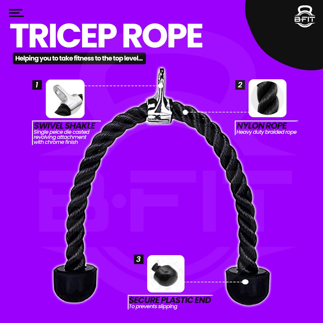 B Fit Nylon Braided Triceps Rope 27-Inch Pull Down Rope, Smith Machine Accessories, Tricep Rope Cable Attachment for LAT Pulldown and Any Pulley SystemNylon Braided Tricep Rope