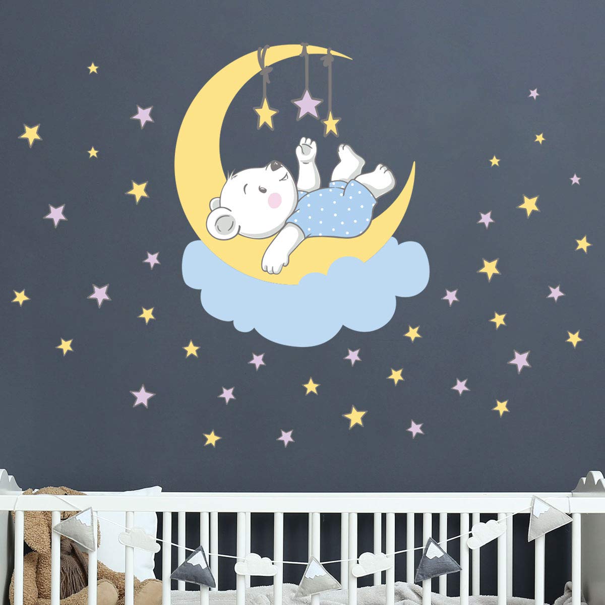Stickers Muraux Enfants Ourson Dormeur Decalmile - Décor Chambre Bébé Avec Ballons, Lune, Étoiles - 2 Feuilles