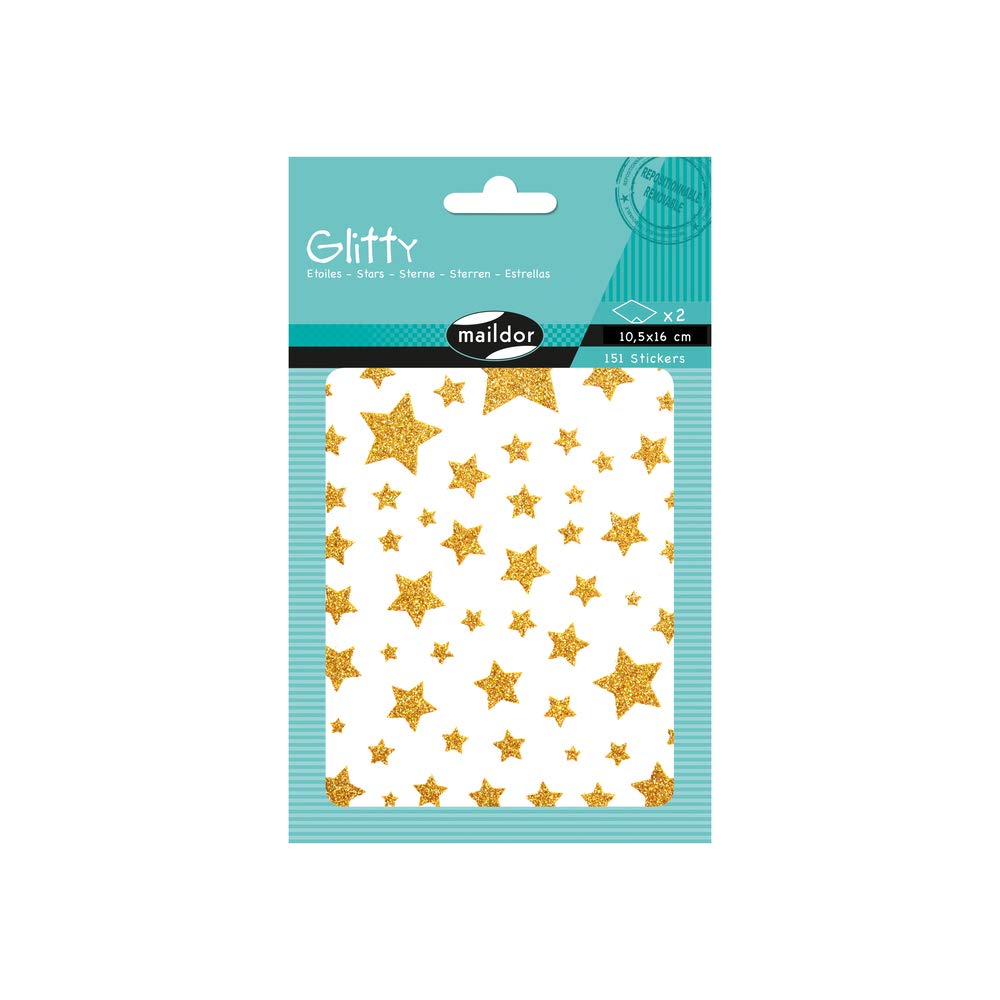 Maildor - Ref AE150C - Pegatinas brillantes (paquete de 2 hojas) - Diseños de estrellas - Oro - 16 x 10,5 cm, estampado en color brillante, contiene 151 pegatinas en total