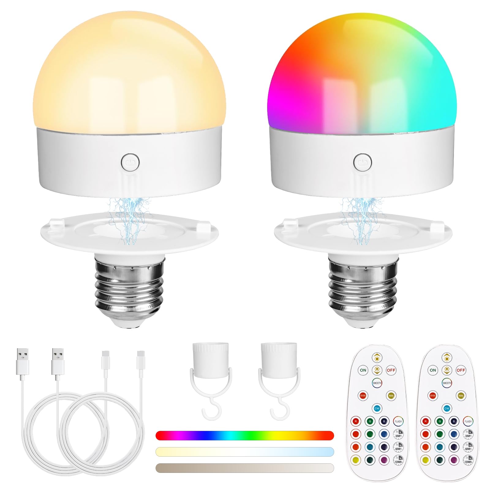 XTDMJ USB Rechargeable Light Bulb with Remote Control, Dimmable Colour Bulbs with Timing, 5W Battery Powered Detachable RGB Light Bulbs with E27 Base, 12+3 Color Temperatures, for Non Hardwired Lamps