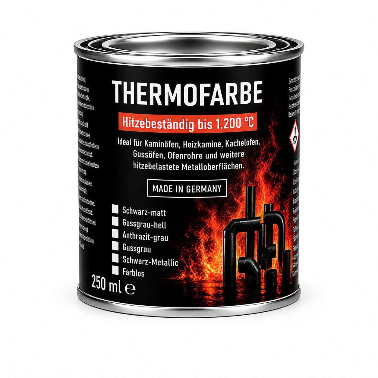 Ofenlack 1200°C Thermofarbe Ofenfarbe Thermolack Schwarz matt 250ml (ad-ideen)