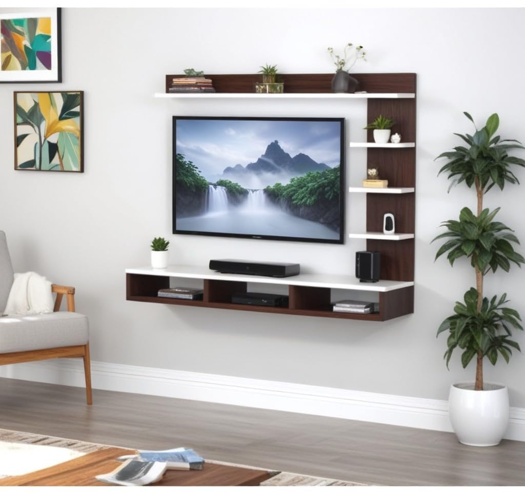 Any Creation Wood Wall Mounted 32 inch C Style Tv Cabinet Shelf for Living Room, Bedroom, Outdoor,Gallery,Stairs (Dark Wenge & Wisdom White C Style tv Cabinet) (White & Brown, 32 Inch)