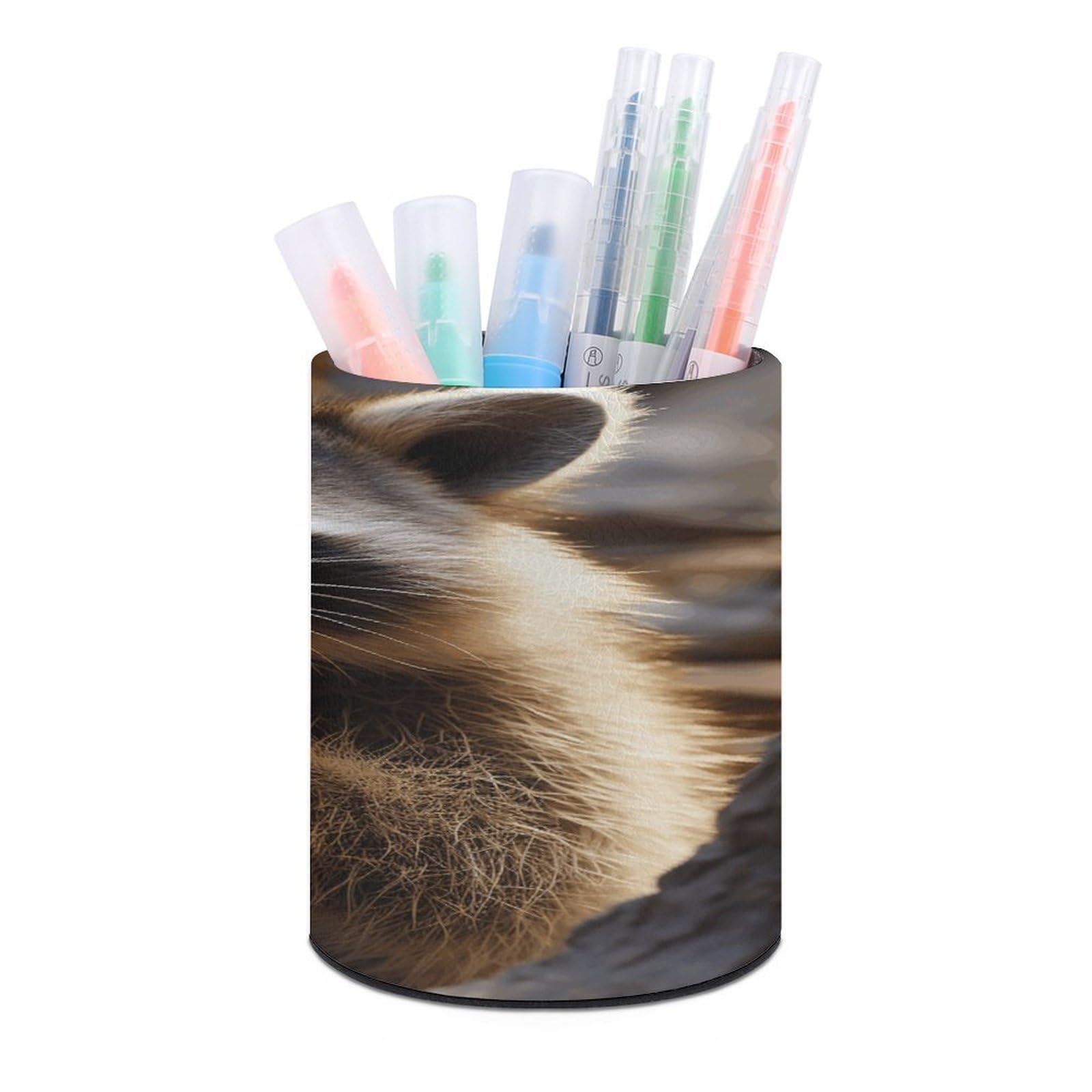 VstaDank Cute Raccoon Pen Holder PU Leather Pencil Cup Minimalist Desk Pencil Holder Round Make Up Brush Organizers For Office Dorm Room&Vanity Desk Accessories