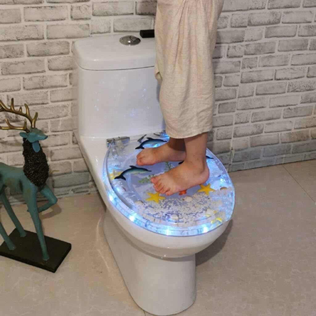 Transparent Dolphin Design Toilet Seat with LED Light, Soft Close, Resin, Oval Shape, Bottom Fix, Quick Release, Easy Install
