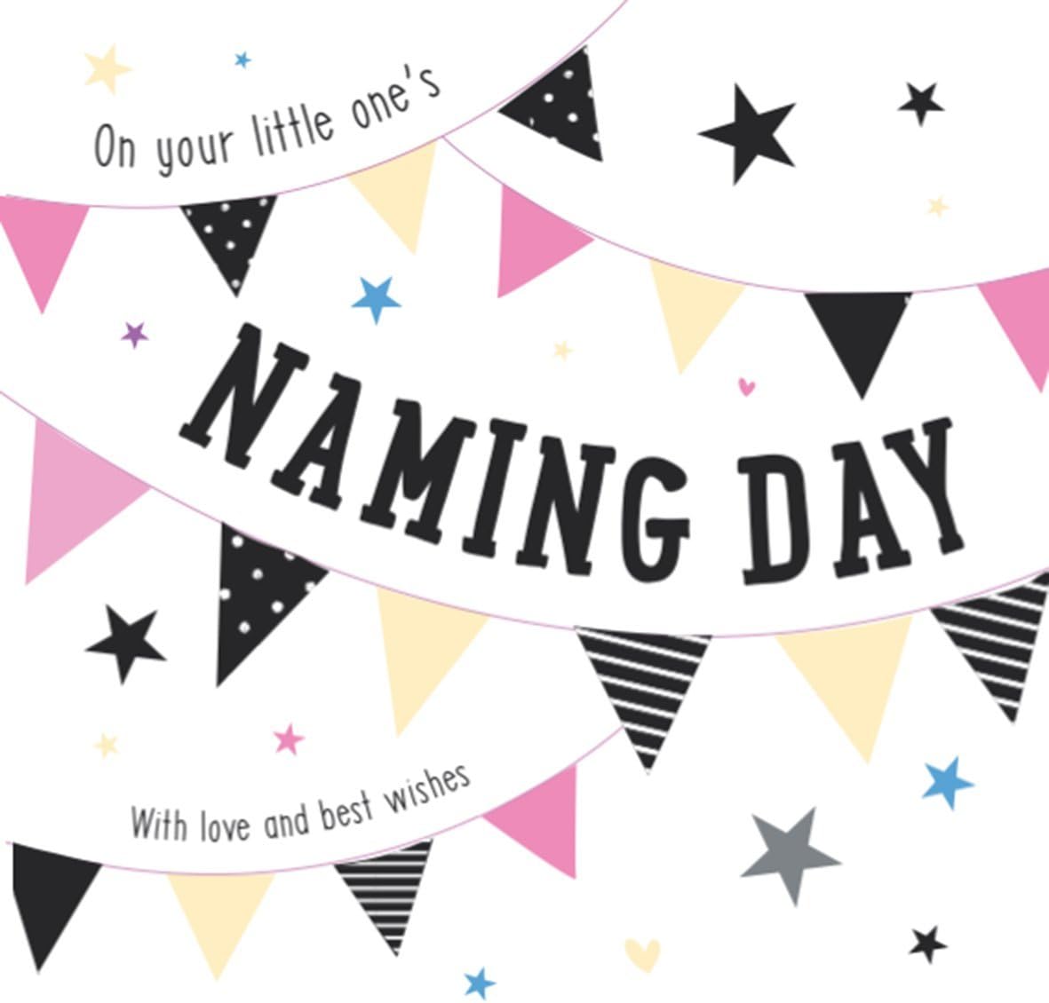 ICG Naming Day Greetings Card - Pastel Text, Bunting & Big Stars 6.25" x 6.25"