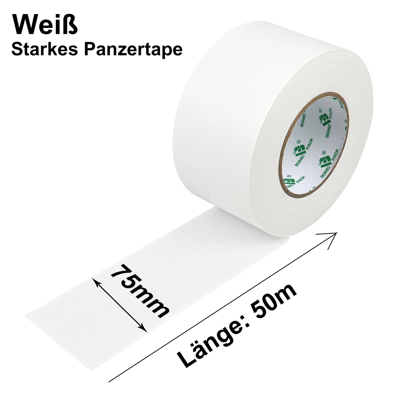 BOMEI PACK Cinta americana blanca profesional, 75 mm x 50 m, cinta impermeable de tela para reparaciones, manualidades, uso en interiores y exteriores - 1 Rollo