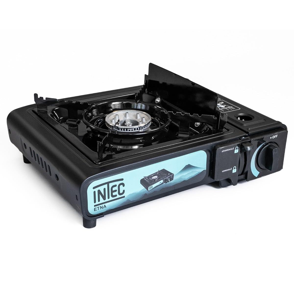INTEC - Fornello a gas portatile 2200 W + 8 cartucce gas butano Camping Road Trips Piezo Valigetta Etna