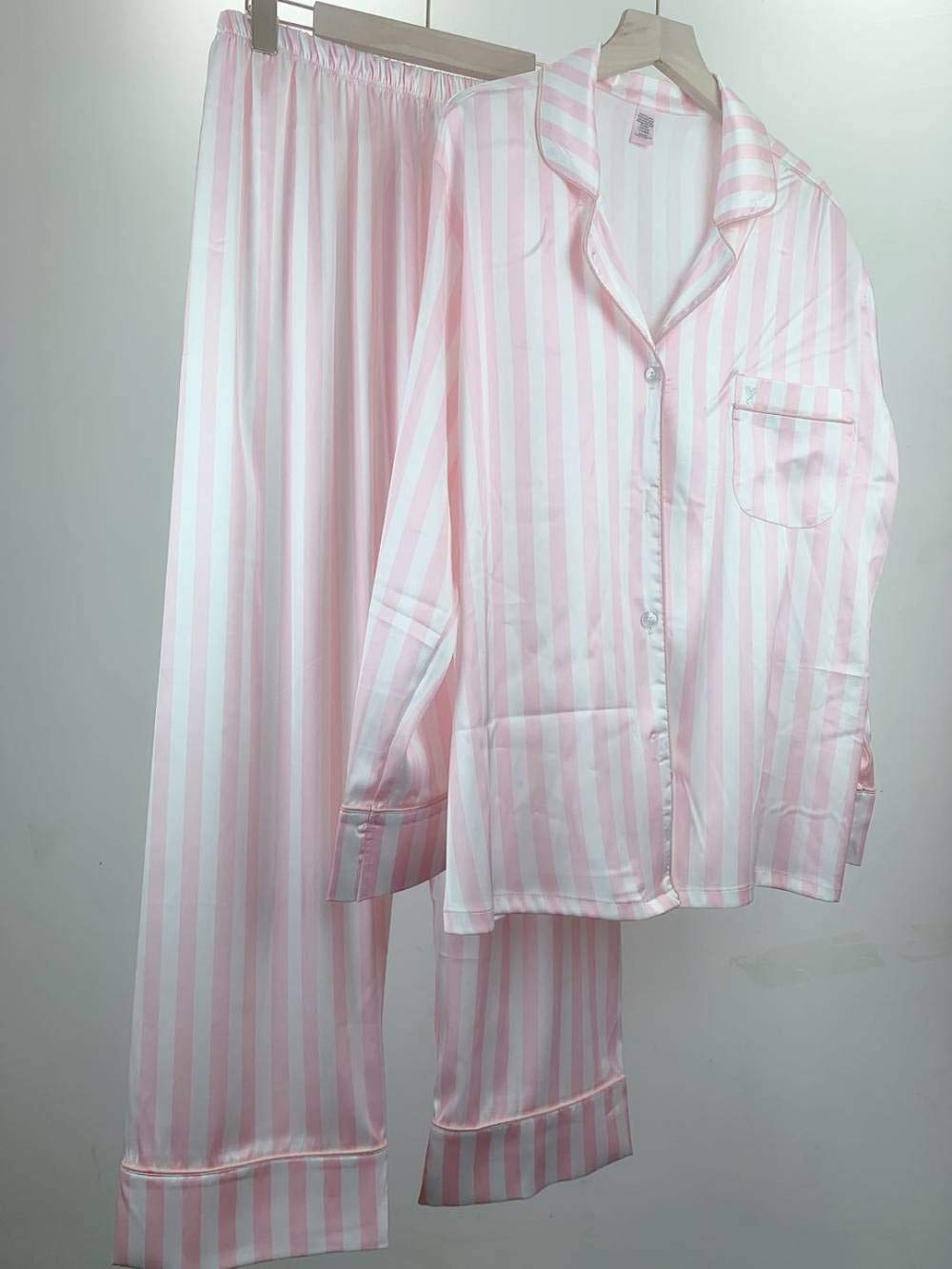 Pijamas De Mujer,Conjunto De Pijama De Rayas De Satén Sedoso Con Cuello En V De Seda De Caramelo,Mangas Largas,Ropa De Dormir,Pijama Con Botones,Ropa De Dormir De Cuerpo Entero,Ropa De Dormir,Rosa C