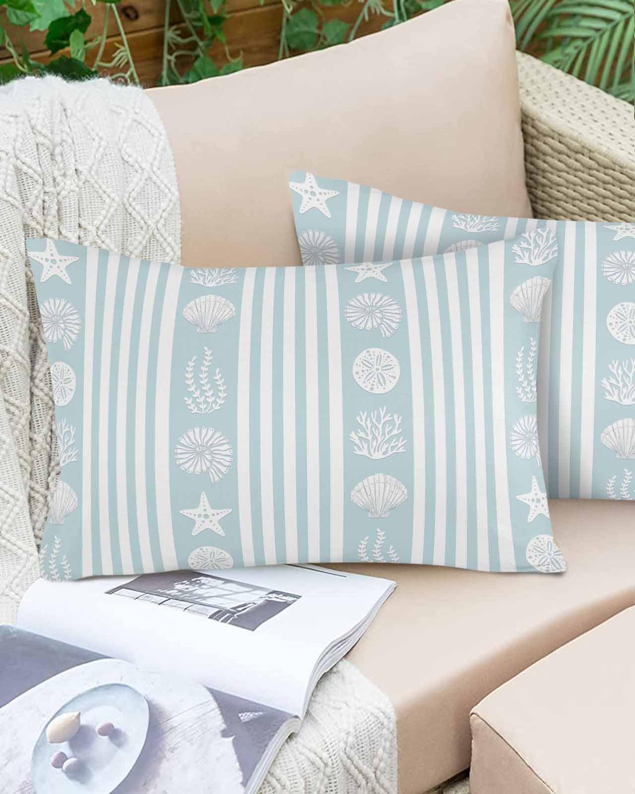 Boanket Lumbar Pillow Covers 12 x 20 in, Sky Blue Striped Coastal Waterproof Throw Pillow Cover Set of 2, Nautical Beach Starfish Shell Home Decorative Rectangle Cushion Covers for Patio/Couch/Garden