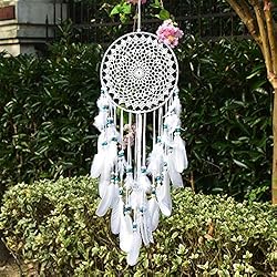 <b><center>Cómo decorar el jardín: Una selección de las mejores ideas que te encantarán</b></center> 11 EasyBravo Grand Boho - Sensor de sueños (pluma, color blanco y perlas azules, maramados, decoración de pared, 20 cm, círculo de 70 cm, largo