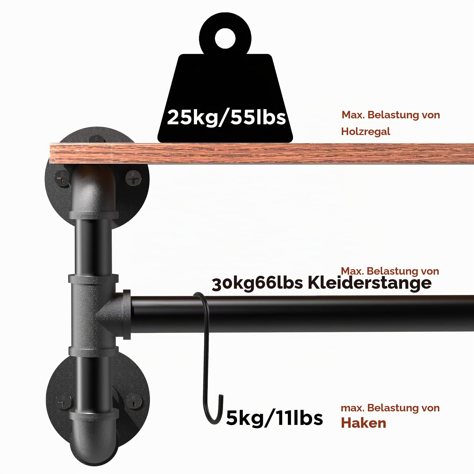 unho Wandgarderobe mit Ablage, Kleiderstange zur Wandmontage im Industrierohrstil, platzsparenders Wandregal Küchenregal mit Vier Basen