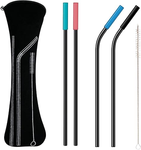 Samuelworld Pajitas de metal reutilizables con puntas de silicona para vasos de 20, 24, 30 onzas, paquete de 4, pajitas rectas y dobladas de acero
