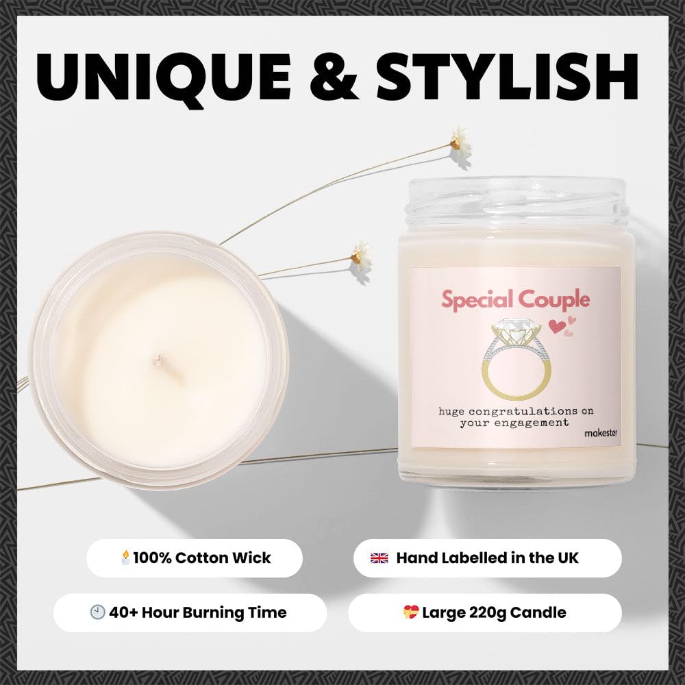Engagement Gift for Couple - Luxury Soy Wax Candle - Vanilla, Jasmine, Sugared Almond - Makester, White - Image 3