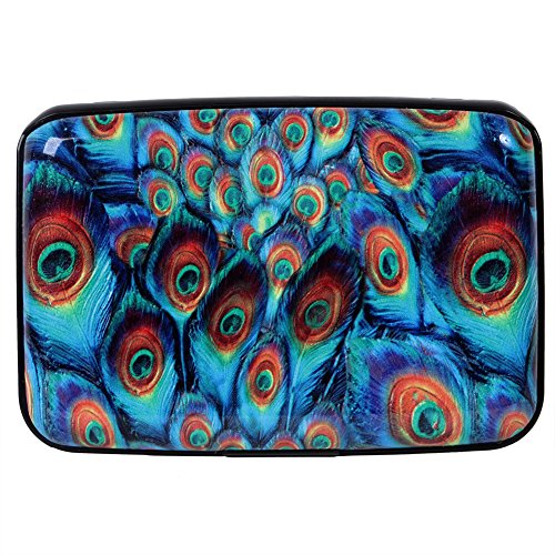Aluminum Wallet RFID Blocking Metal Credit Card Holder Slim Hard Case (Peacock Feathers)