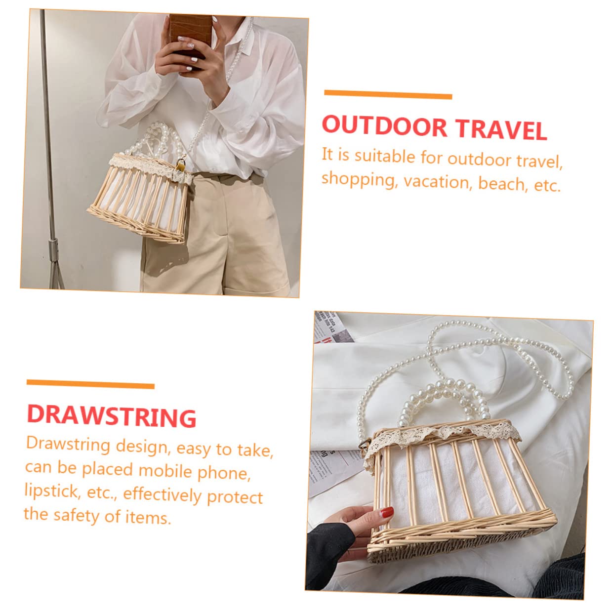 Borsa a Tracolla Quadrata in Paglia con Decorazioni Perlati, Portatile