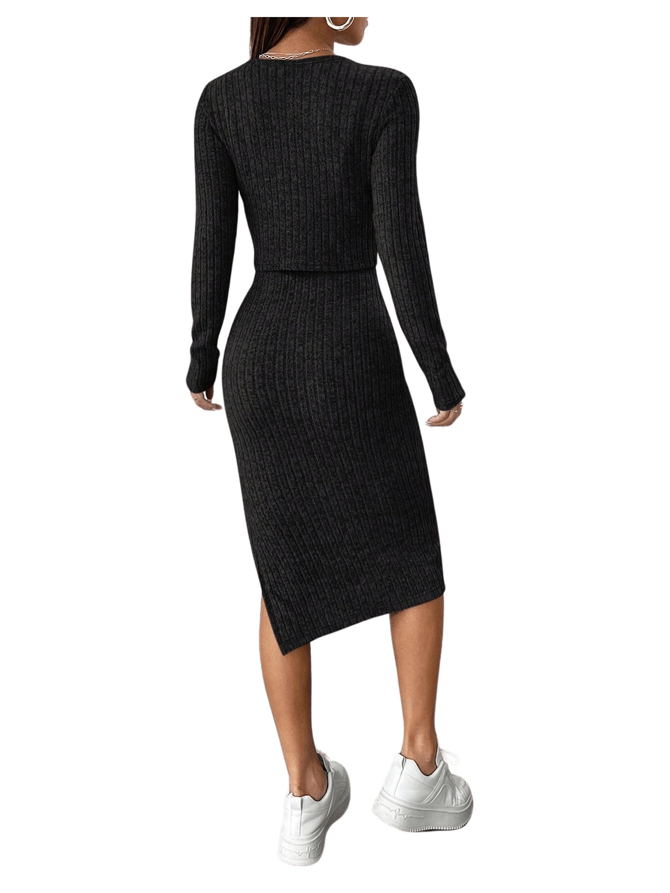 GORGLITTER Rippenstrick Kleid Damen Kleid Mit Jacke Set Elegant Zweiteiler Cami Kleid Mit Schlitz 2 Teiler Kleid
