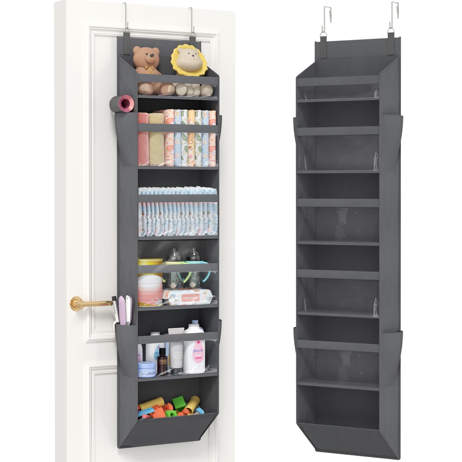 Lifewit Over the Door Storage, Clear Hanging Organiser with 4 Side Pockets, Anti Tilt 40 lbs Load Behind Door for Dorm, University Essentials, Room, Bedroom, Nursery,1Pack 6 Section, Grey